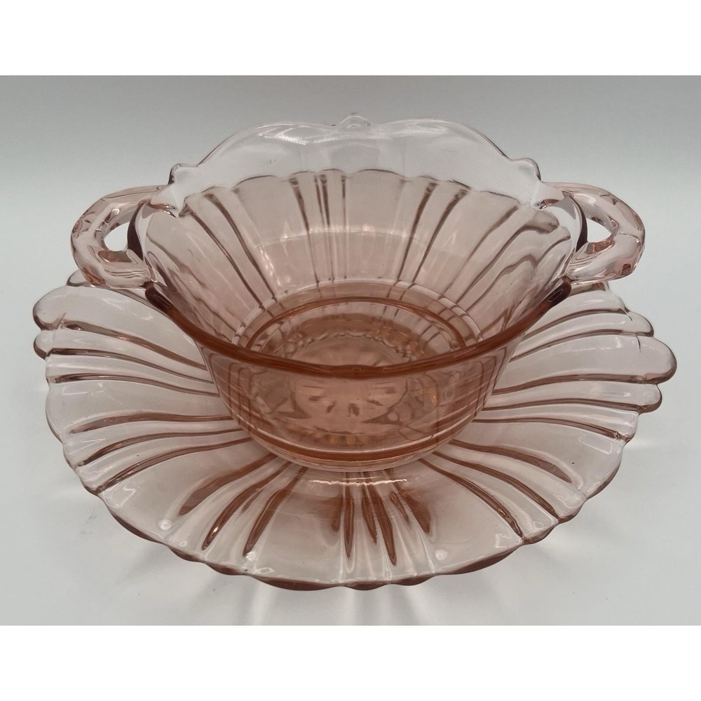 Pink Depression Glass Handled Bowl & Ruffled Plate Set Vintage